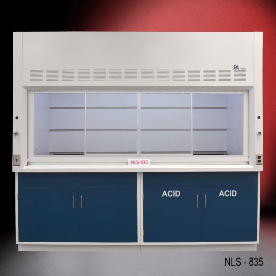 White fume hood with two blue acid cabinets and two general storage cabinets.