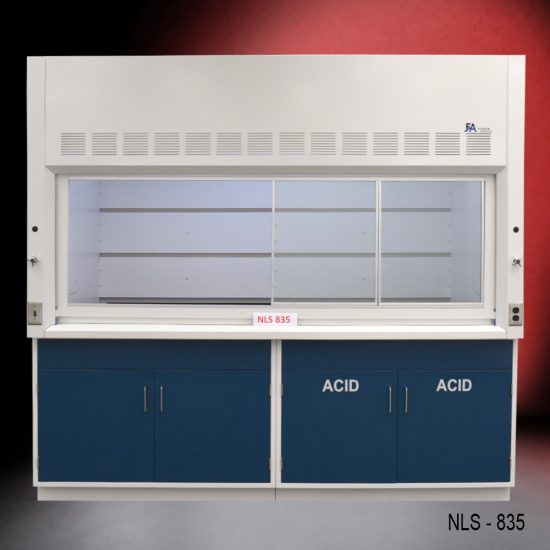 White fume hood with two blue acid cabinets and two general storage cabinets.