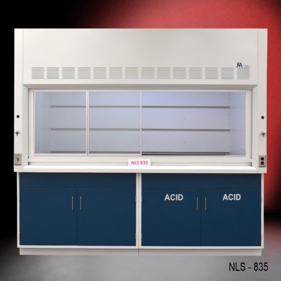 Laboratory fume hood, model NLS-835, manufactured by Fisher American. It features a spacious work area with a sash for easy access and visibility. Above the chamber are ventilation slats for effective air exhaust and a Fisher American logo. Below the work area, there is cabinetry with blue double-door compartments labeled "ACID," designed for safe storage of acidic materials.