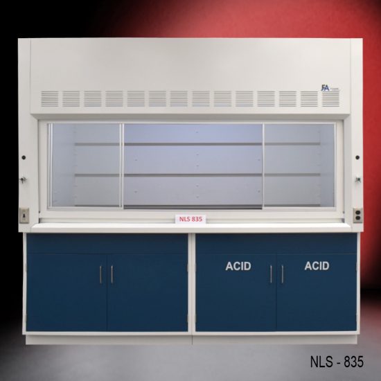 Laboratory fume hood, model NLS-835, manufactured by Fisher American. It features a spacious work area with a sash for easy access and visibility. Above the chamber are ventilation slats for effective air exhaust and a Fisher American logo. Below the work area, there is cabinetry with blue double-door compartments labeled "ACID," designed for safe storage of acidic materials. The fume hood has a robust build and is situated against a red background.