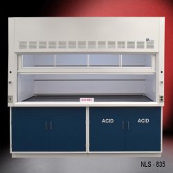 Laboratory fume hood, model NLS-835, manufactured by Fisher American. It features a spacious work area with a sash for easy access and visibility. Above the chamber are ventilation slats for effective air exhaust and a Fisher American logo. Below the work area, there is cabinetry with blue double-door compartments labeled "ACID," designed for safe storage of acidic materials. The fume hood has a robust build.