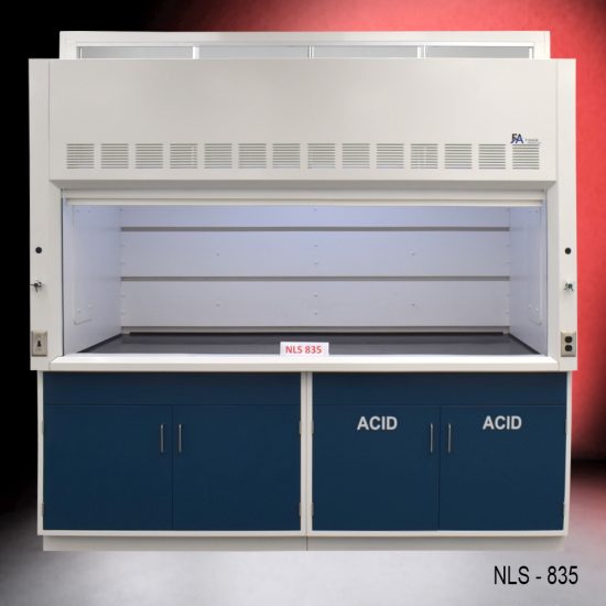 Laboratory fume hood, model NLS-835, manufactured by Fisher American. It features a spacious work area with a wide viewing sash for easy access and visibility. Above the chamber are ventilation slats for effective air exhaust and a Fisher American logo. Below the work area, there is cabinetry with blue double-door compartments labeled "ACID," designed for safe storage of acidic materials. The fume hood has a robust build and is situated against a red background.