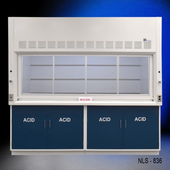White fume hood with four blue acid storage cabinets.