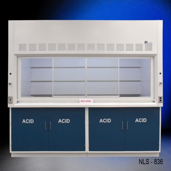 White fume hood with four blue acid storage cabinets.