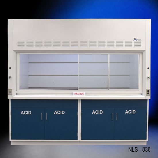 Laboratory fume hood, model #NLS-836, manufactured by Fisher American. Above the chamber are ventilation slats for effective air exhaust. Below the work area, there is cabinetry with blue double-door compartments labeled "ACID," designed for safe storage of acidic materials.