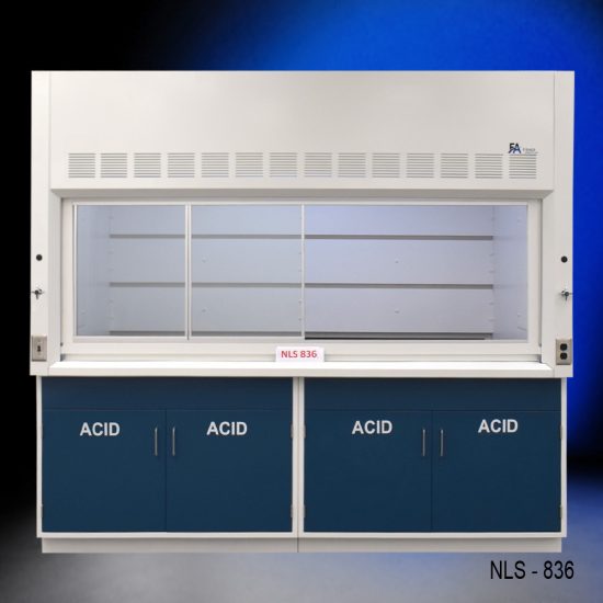 Laboratory fume hood, model NLS-836, manufactured by Fisher American. Above the chamber are ventilation slats for effective air exhaust. Below the work area, there is cabinetry with blue double-door compartments labeled "ACID," designed for safe storage of acidic materials.