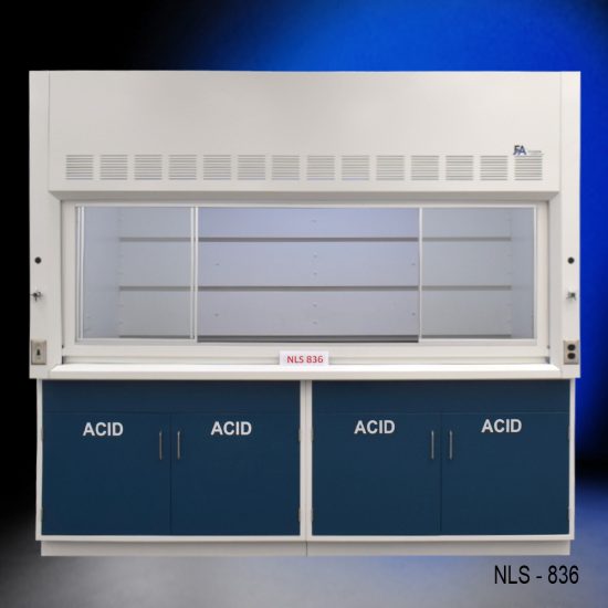 Laboratory fume hood, model NLS-836, manufactured by Fisher American. Above the chamber are ventilation slats for effective air exhaust. Below the work area, there is cabinetry with blue double-door compartments labeled "ACID," designed for safe storage of acidic materials. The fume hood has a robust build and is situated against a blue background.