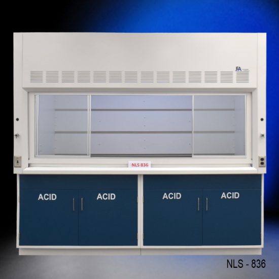 White fume hood with four blue acid storage cabinets.