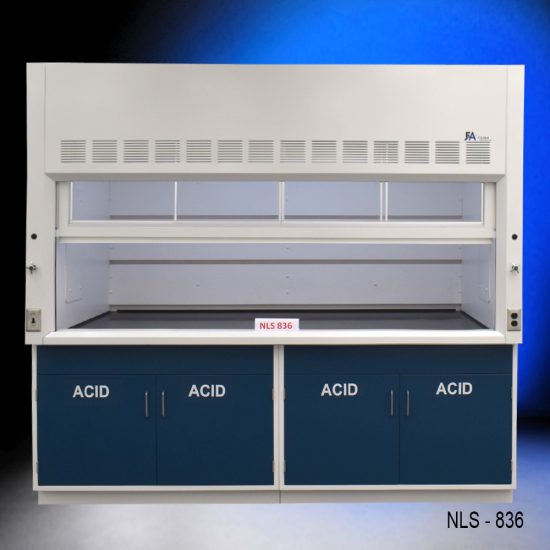 White fume hood with four blue acid storage cabinets.
