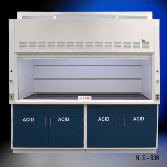 Laboratory fume hood, model NLS-836, manufactured by Fisher American. It features a spacious work area with a wide viewing sash for easy access and visibility. Above the chamber are ventilation slats for effective air exhaust. Below the work area, there is cabinetry with blue double-door compartments labeled "ACID," designed for safe storage of acidic materials. The fume hood has a robust build and is situated against a blue background.