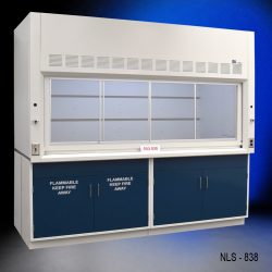 8' x 4' fume hood, manufactured by Fisher American. It features a spacious work area with a wide viewing sash for easy access and visibility. Below the work area, there is cabinetry with blue double-door compartments labeled "FLAMMABLE KEEP FIRE AWAY."