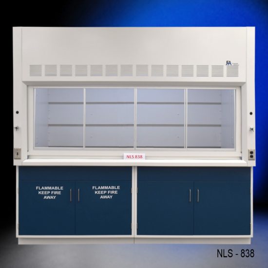 8' x 4' fume hood, model # NLS-838, manufactured by Fisher American. It features a spacious work area with a wide viewing sash for easy access and visibility. Above the chamber are ventilation slats for effective air exhaust. Below the work area, there is cabinetry with blue double-door compartments labeled "FLAMMABLE KEEP FIRE AWAY."