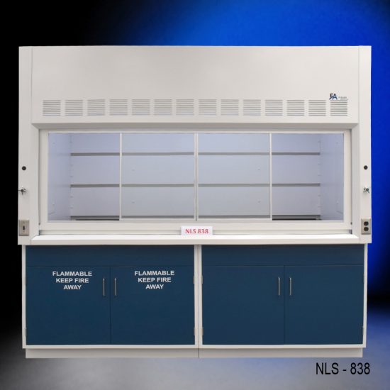 8' x 4' fume hood, model NLS-838, manufactured by Fisher American. It features a spacious work area with a wide viewing sash for easy access and visibility. Above the chamber are ventilation slats for effective air exhaust. Below the work area, there is cabinetry with blue double-door compartments labeled "FLAMMABLE KEEP FIRE AWAY."