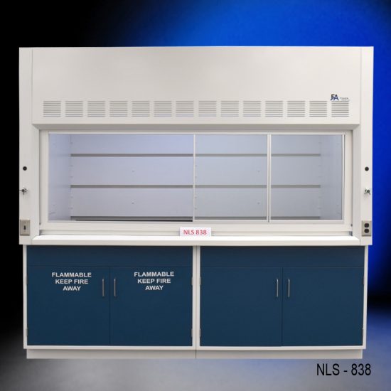 8' x 4' Laboratory fume hood, model NLS-838, manufactured by Fisher American. It features a spacious work area with a wide viewing sash for easy access and visibility. Above the chamber are ventilation slats for effective air exhaust. Below the work area, there is cabinetry with blue double-door compartments labeled "FLAMMABLE KEEP FIRE AWAY."