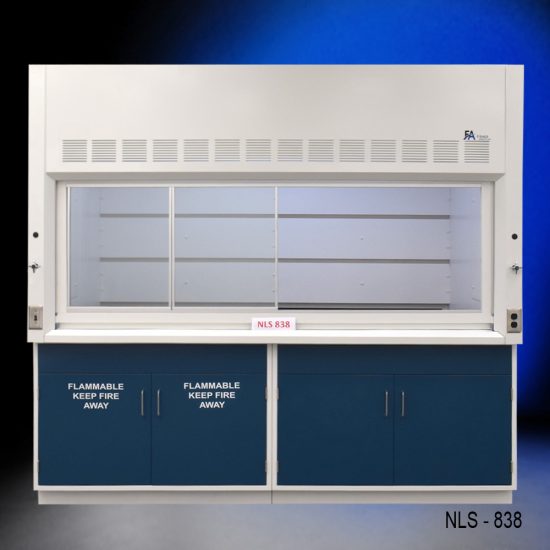 8' x 4' Laboratory fume hood, model NLS-838, manufactured by Fisher American. It features a spacious work area with a wide viewing sash for easy access and visibility. Above the chamber are ventilation slats for effective air exhaust. Below the work area, there is cabinetry with blue double-door compartments labeled "FLAMMABLE KEEP FIRE AWAY," designed for safe storage of flammable materials.