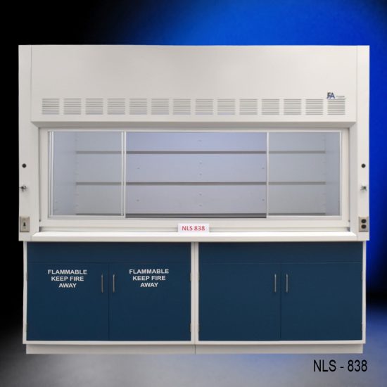 8' x 4' Laboratory fume hood, model NLS-838, manufactured by Fisher American. It features a spacious work area with a wide viewing sash for easy access and visibility. Above the chamber are ventilation slats for effective air exhaust. Below the work area, there is cabinetry with blue double-door compartments labeled "FLAMMABLE KEEP FIRE AWAY," designed for safe storage of flammable materials. The fume hood has a robust build.