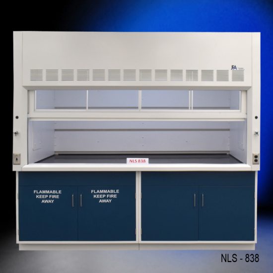 8' x 4' Laboratory fume hood, model NLS-838, manufactured by Fisher American. It features a spacious work area with a wide viewing sash for easy access and visibility. Above the chamber are ventilation slats for effective air exhaust. Below the work area, there is cabinetry with blue double-door compartments labeled "FLAMMABLE KEEP FIRE AWAY," designed for safe storage of flammable materials. The fume hood has a robust build and is situated against a blue background.