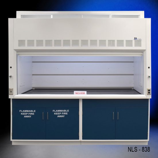 Laboratory fume hood, model NLS-838, manufactured by Fisher American. It features a spacious work area with a wide viewing sash for easy access and visibility. Above the chamber are ventilation slats for effective air exhaust. Below the work area, there is cabinetry with blue double-door compartments labeled "FLAMMABLE KEEP FIRE AWAY," designed for safe storage of flammable materials. The fume hood has a robust build and is situated against a blue background.