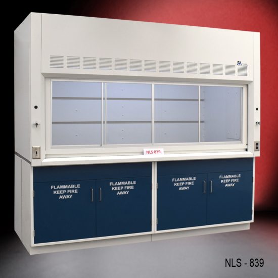 White fume hood with four blue flammable storage cabinets.