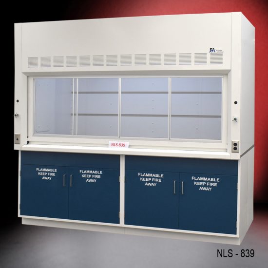 8-ft laboratory fume hood labeled 'NLS 839,' featuring a white upper section with ventilation grilles and two dark blue base cabinets marked 'FLAMMABLE KEEP FIRE AWAY' on all doors. There are two silver control knobs on each side of the fume hood.
