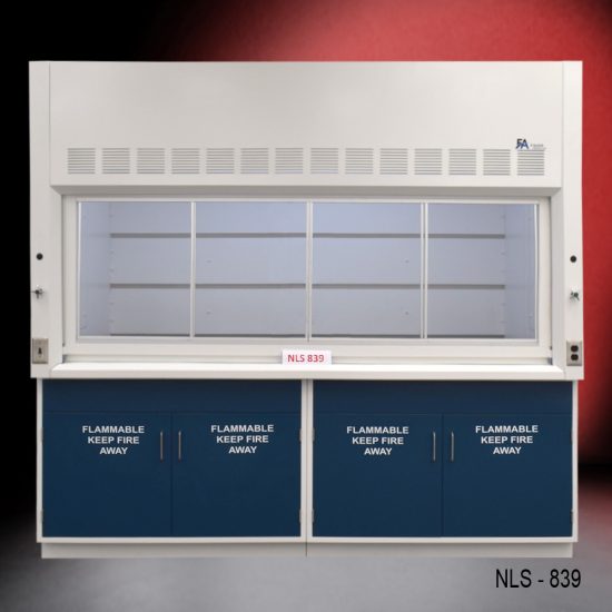 8-ft laboratory fume hood labeled 'NLS 839,' featuring a white upper section with ventilation grilles and two dark blue base cabinets marked 'FLAMMABLE KEEP FIRE AWAY' on all doors. There are two silver control knobs on each side of the fume hood. The background has a gradient from black to red.