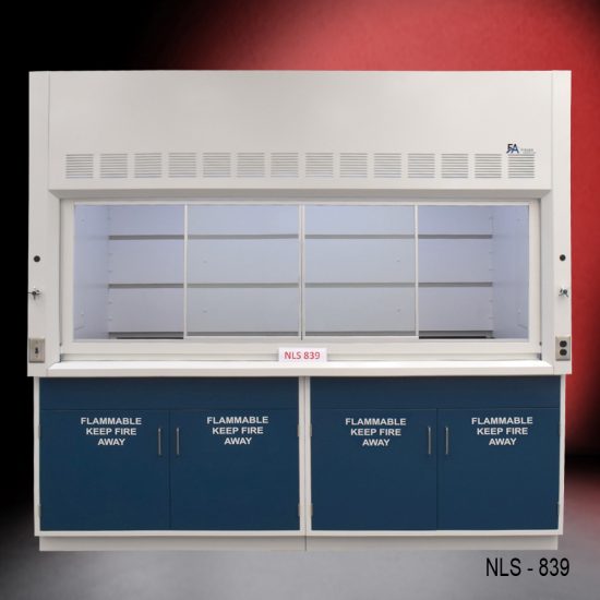 8-ft laboratory fume hood labeled 'NLS 839,' featuring a white upper section with ventilation grilles and two dark blue base cabinets marked 'FLAMMABLE KEEP FIRE AWAY' on all doors. There are two control knobs on each side of the fume hood. The background has a gradient from black to red.