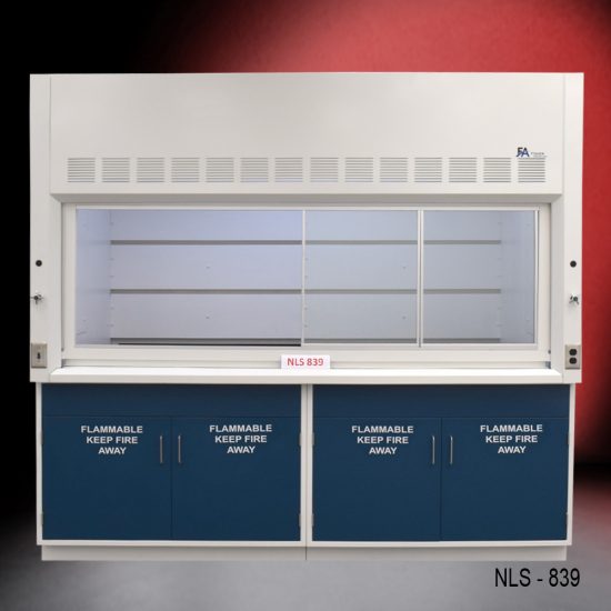 8-ft laboratory fume hood labeled 'NLS 839,' featuring a white upper section with ventilation grilles and two dark blue base cabinets marked 'FLAMMABLE KEEP FIRE AWAY' on all doors. The background has a gradient from black to red.