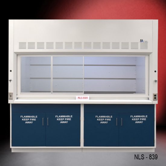 8-ft laboratory exhaust fume hood labeled 'NLS 839,' featuring a white upper section with ventilation grilles and two dark blue base cabinets marked 'FLAMMABLE KEEP FIRE AWAY' on all doors. The background has a gradient from black to red.