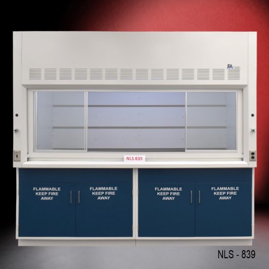 8-foot laboratory exhaust fume hood labeled 'NLS 839,' featuring a white upper section with ventilation grilles and two dark blue base cabinets marked 'FLAMMABLE KEEP FIRE AWAY' on all doors. The background has a gradient from black to red.