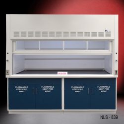 8-foot laboratory fume hood labeled 'NLS 839,' featuring a white upper section with ventilation grilles and two dark blue base cabinets marked 'FLAMMABLE KEEP FIRE AWAY' on all doors. The background has a gradient from black to red.