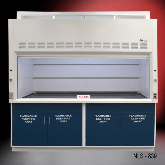 Laboratory fume hood labeled 'NLS 839,' featuring a white upper section with ventilation grilles and two dark blue base cabinets marked 'FLAMMABLE KEEP FIRE AWAY' on all doors. The background has a gradient from black to red.