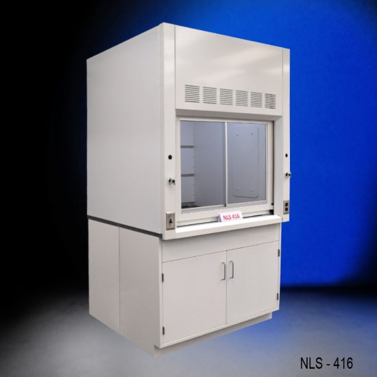 Side view of new fume hood with flammable cabinets with blue background from National Laboratory Sales.