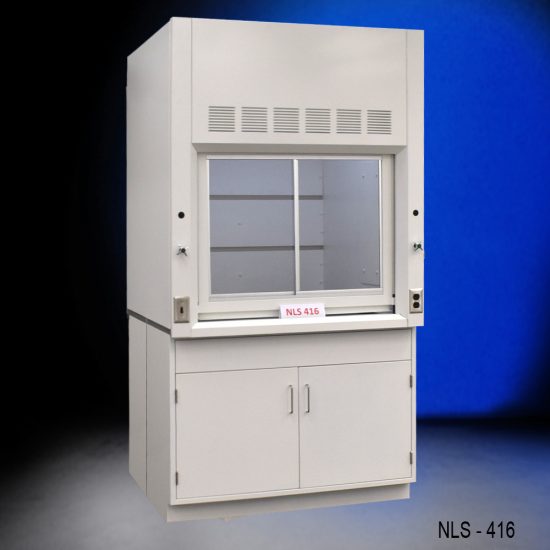 Laboratory fume hood labeled "NLS 416." The fume hood features a spacious workspace with a vertical sliding sash, and a base cabinet with two doors. It has control knobs on the side panels, designed to safely manage chemical fumes and ensure a clean working environment.