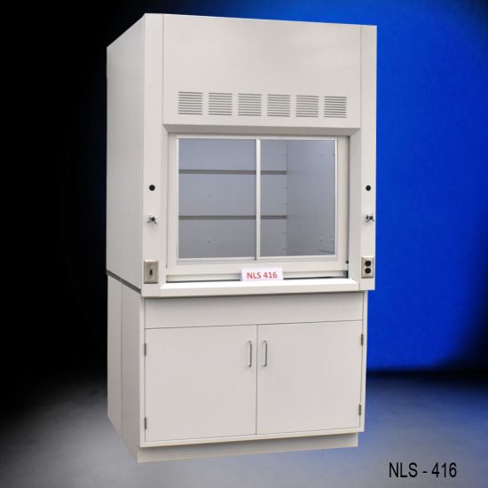 Laboratory fume hood labeled "NLS 416." The fume hood features a spacious workspace with a vertical sliding sash, and a base cabinet with two doors. It has control knobs and electrical outlets on the side panels, designed to safely manage chemical fumes and ensure a clean working environment.