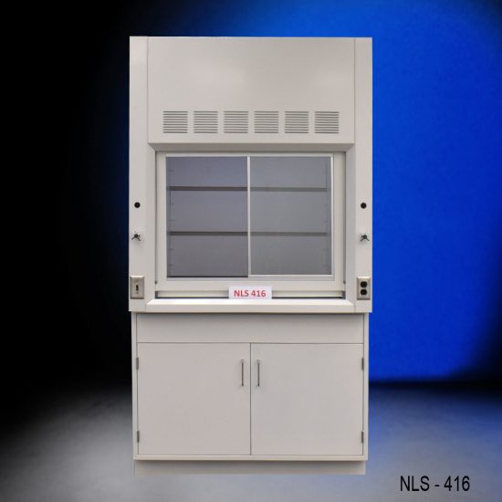 The fume hood marked "NLS 416" is designed with a spacious work area, featuring a vertically sliding sash and ventilation slots at the top. It includes a base cabinet with two doors, as well as control knobs and electrical outlets on the side panels, all intended to effectively manage chemical fumes and ensure a tidy working space.