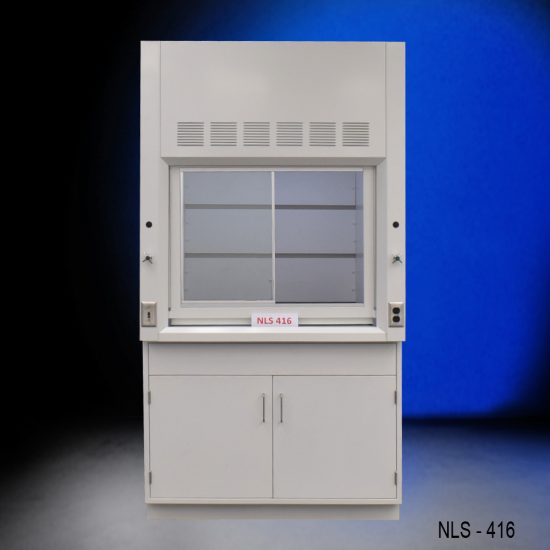 Front view of new fume hood with flammable cabinets with blue background from National Laboratory Sales.