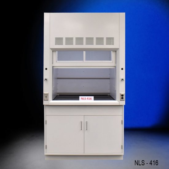 The laboratory fume hood designated as "NLS 416" offers a generous workspace, equipped with a vertically sliding sash and ventilation openings positioned at the top. It includes a base cabinet featuring two doors, along with control knobs and electrical outlets located on the side panels, all engineered to effectively handle chemical fumes and maintain a pristine working atmosphere.