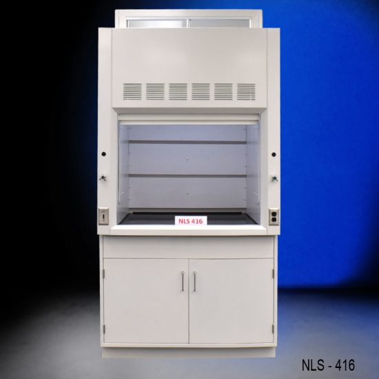 Laboratory fume hood labeled "NLS 416." The fume hood features a spacious workspace with a vertical sliding sash, ventilation slots at the top, and a base cabinet with two doors. It has control knobs and electrical outlets on the side panels, designed to safely manage chemical fumes and ensure a clean working environment.