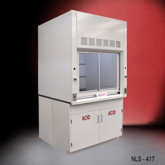 Side view of new fume hood with flammable cabinets with red background from National Laboratory Sales.