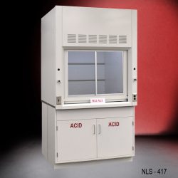 Laboratory fume hood model NLS-417, featuring a glass sash and baffles for efficient airflow. The unit includes an acid storage cabinet below.