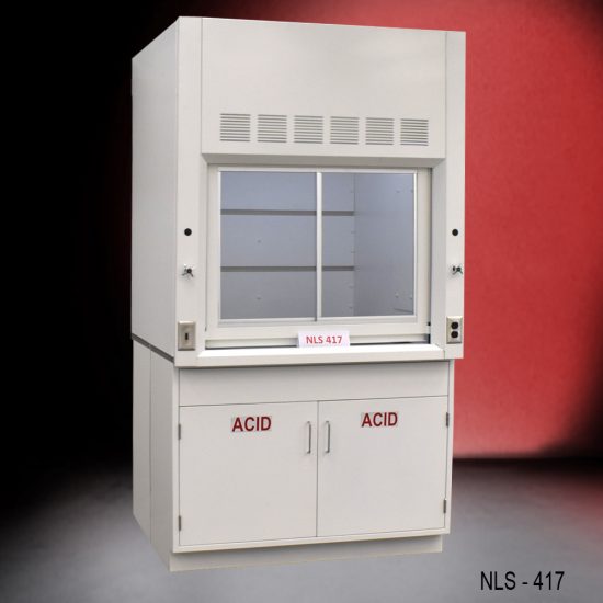 Laboratory fume hood model NLS-417, featuring a glass sash and baffles for efficient airflow. The unit includes an acid storage cabinet below.