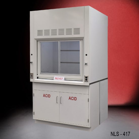 Laboratory fume hood model NLS-417, featuring a glass sash and baffles for efficient airflow. The unit includes an acid storage cabinet below, labeled 'ACID' on the doors.