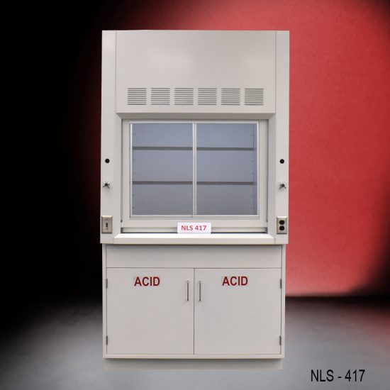 Front view of new fume hood with flammable cabinets with red background from National Laboratory Sales.