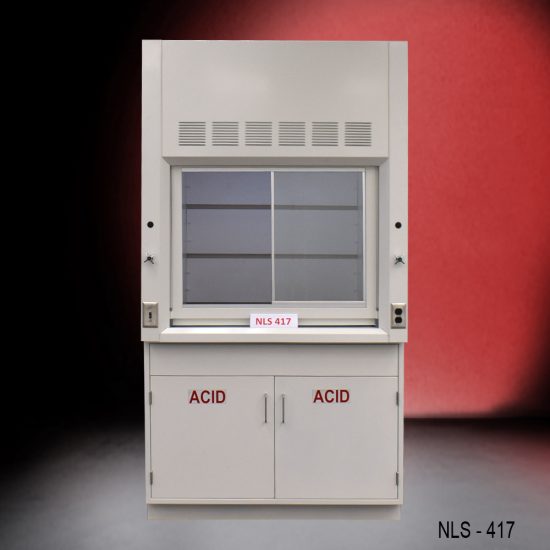 Laboratory fume hood model NLS-417, featuring a glass sash and baffles for efficient airflow. The unit includes an acid storage cabinet below, labeled 'ACID' on the doors, designed for safely handling corrosive substances.
