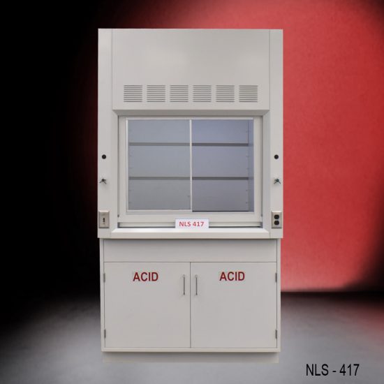 Laboratory fume hood model NLS-417, featuring a glass sash and baffles for efficient airflow. The unit includes an acid storage cabinet below, labeled 'ACID' on the doors, designed for safely handling and storing corrosive substances.