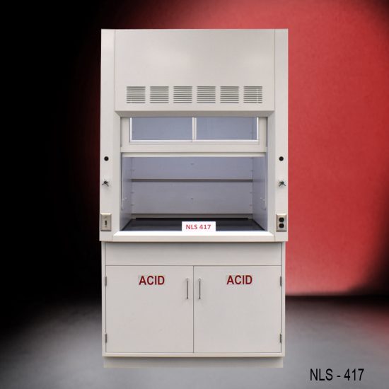 Laboratory fume hood model NLS-417, featuring a glass sash and baffles for efficient airflow. The unit includes an acid storage cabinet below, labeled 'ACID' on the doors, designed for safely handling and storing corrosive substances. The fume hood has a white exterior.