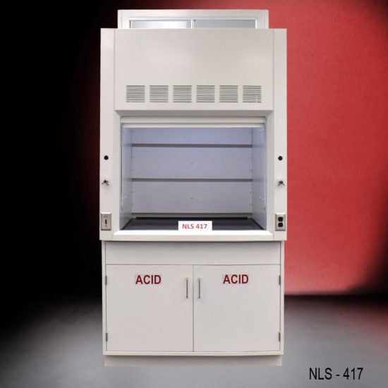 Laboratory fume hood model NLS-417, featuring a glass sash and baffles for efficient airflow. The unit includes an acid storage cabinet below, labeled 'ACID' on the doors, designed for safely handling and storing corrosive substances. The fume hood has a white exterior.