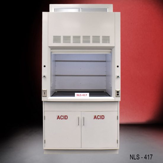 Front view of new fume hood with flammable cabinets with red background from National Laboratory Sales.