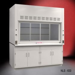 Front view of a 6 foot x 4 foot fume hood with two general storage cabinets. NLS 630