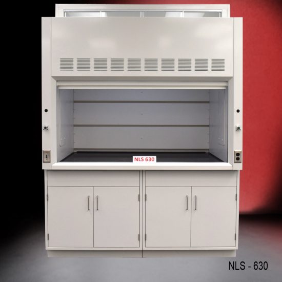 Front view of a 6 foot x 4 foot fume hood with two general storage cabinets.